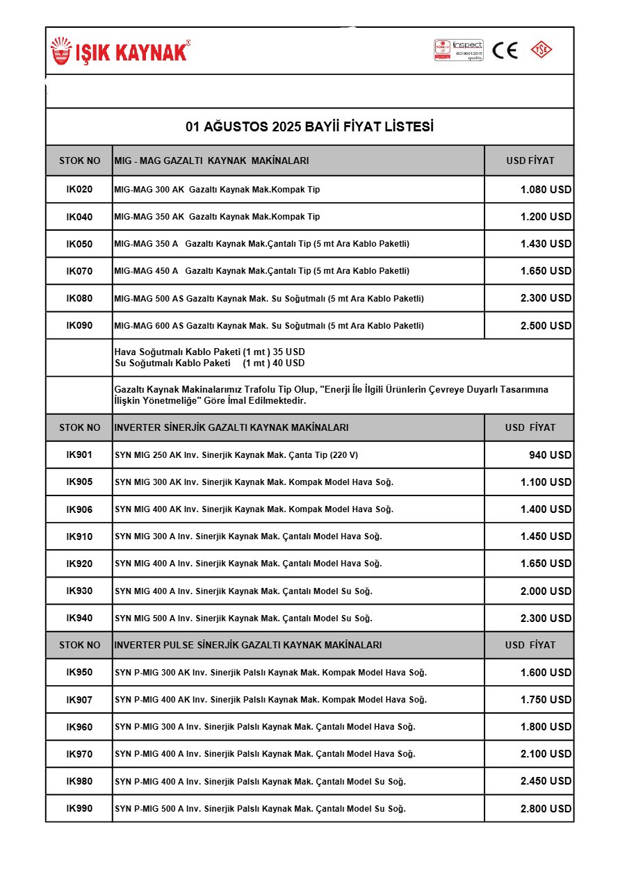IŞIK KAYNAK 01.08.2025 FİYAT LİSTESİ
