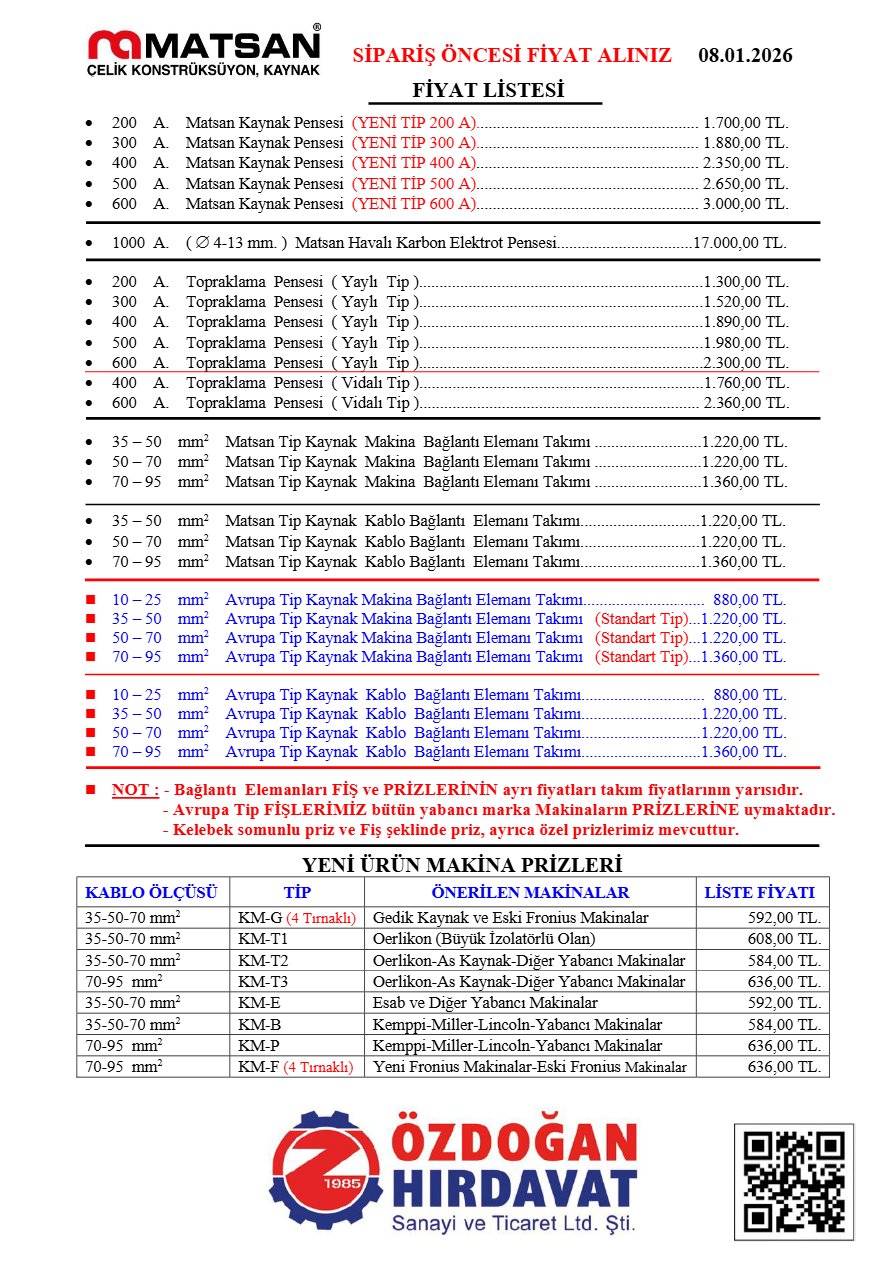 MATSAN 08.01.2026 FİYAT LİSTESİ