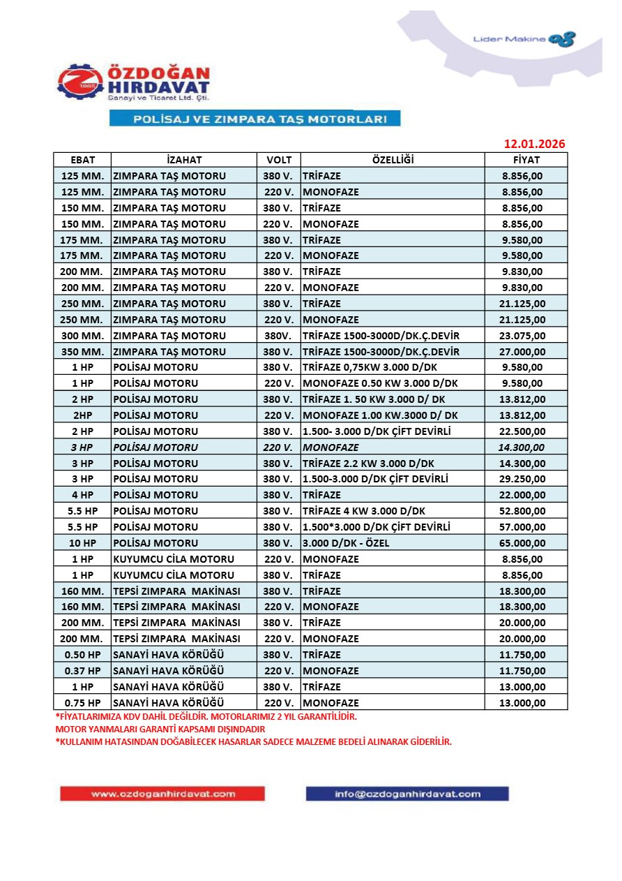 LİDER MAKİNA 12.01.2026 FİYAT LİSTESİ