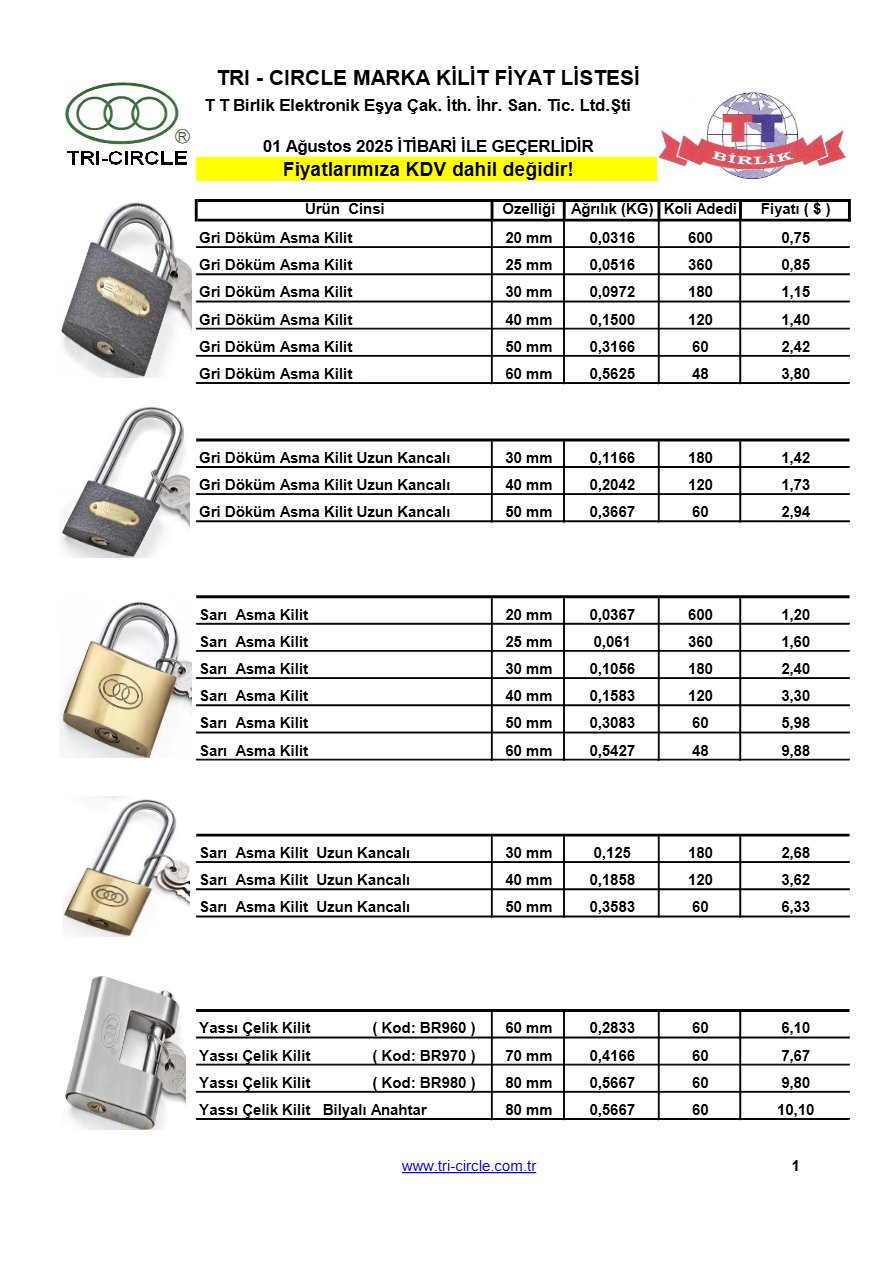 TRI-CIRCLE KİLİT FİYAT LİSTESİ 01.08.2025