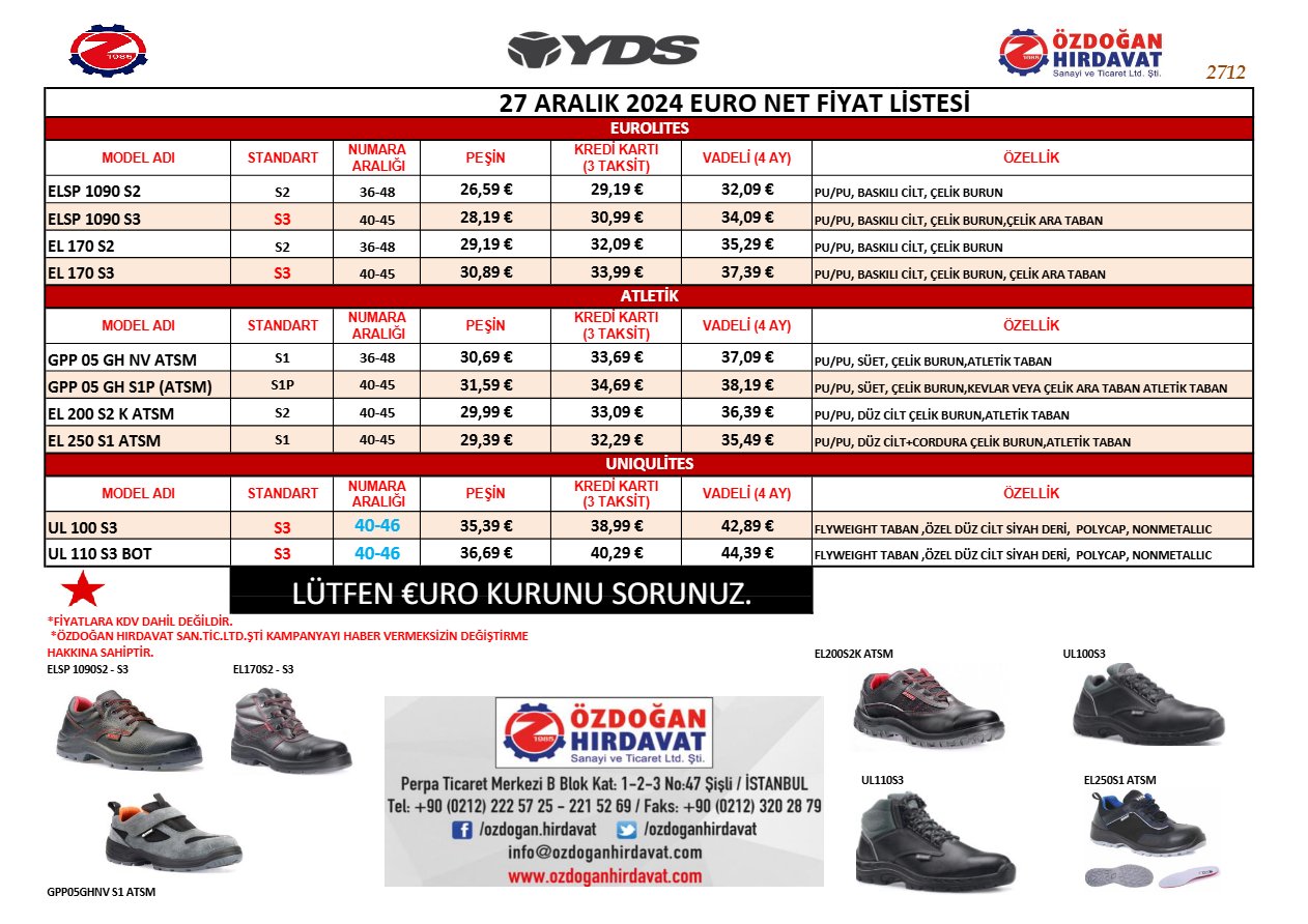 YDS 27 ARALIK 2024 FİYAT LİSTESİ