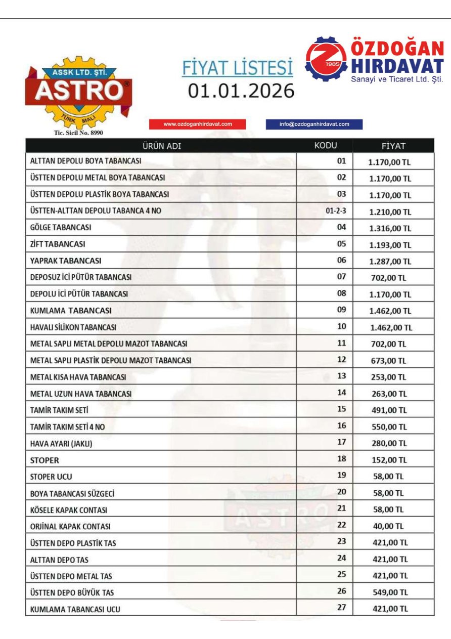 ASSK ASTRO 2026 FİYAT LİSTESİ