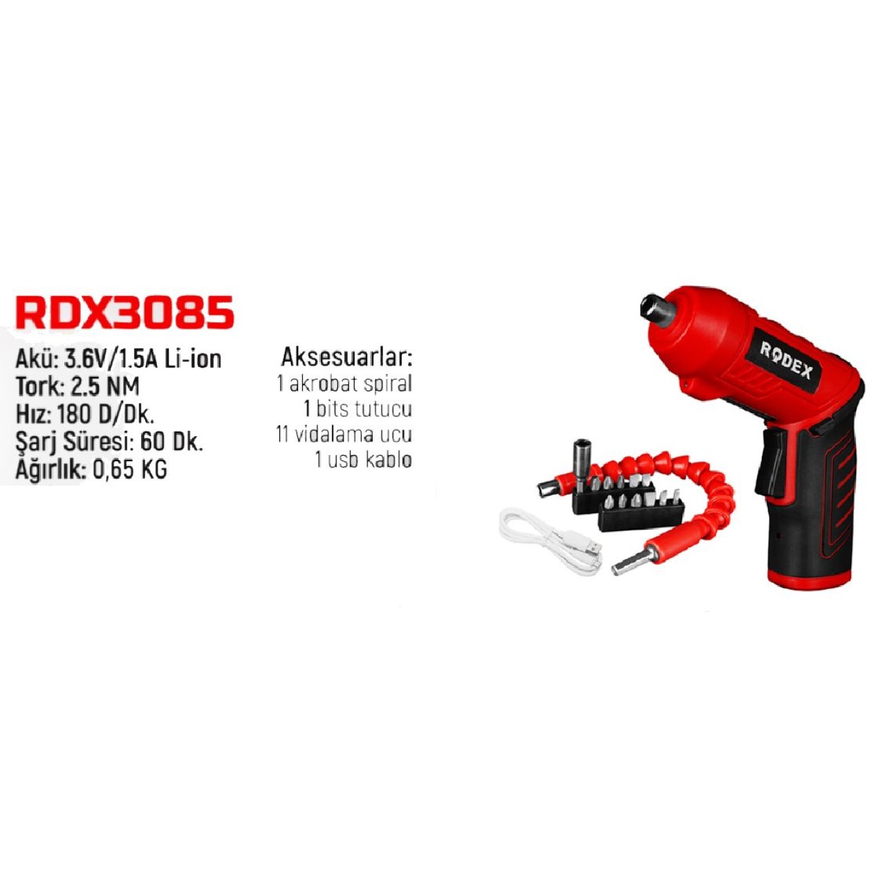 AKÜLÜ TORNAVİDA 6,35MM 210RPM 2,5NM 3,6V 1,5AH.Lİ-İON BLİSTER VE AKSESURALI RODE