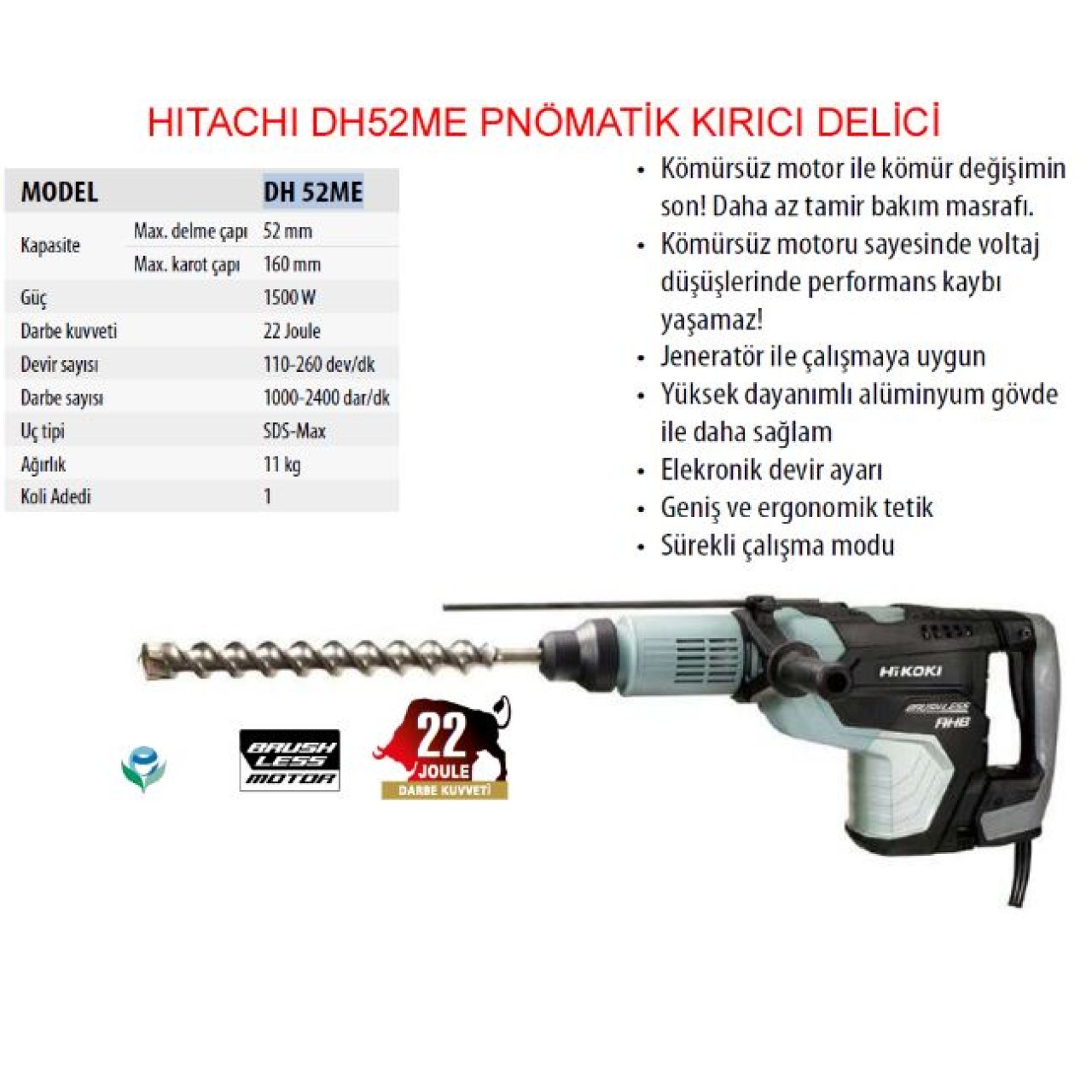 HİTACHİ 1500W 52MM 11KG.SDS MAX KIRICI DELİCİ