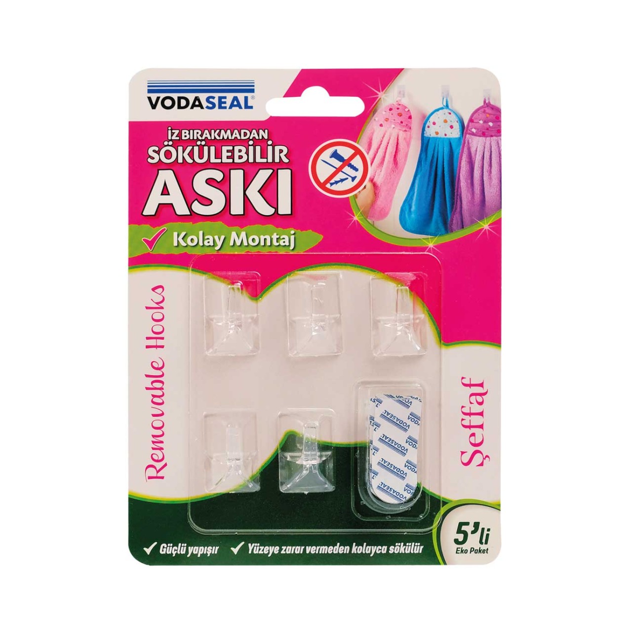VODASEAL İZ BIRAKMADAN SÖKÜLEBİLİR 5 Lİ ASKI - ŞEFFAF